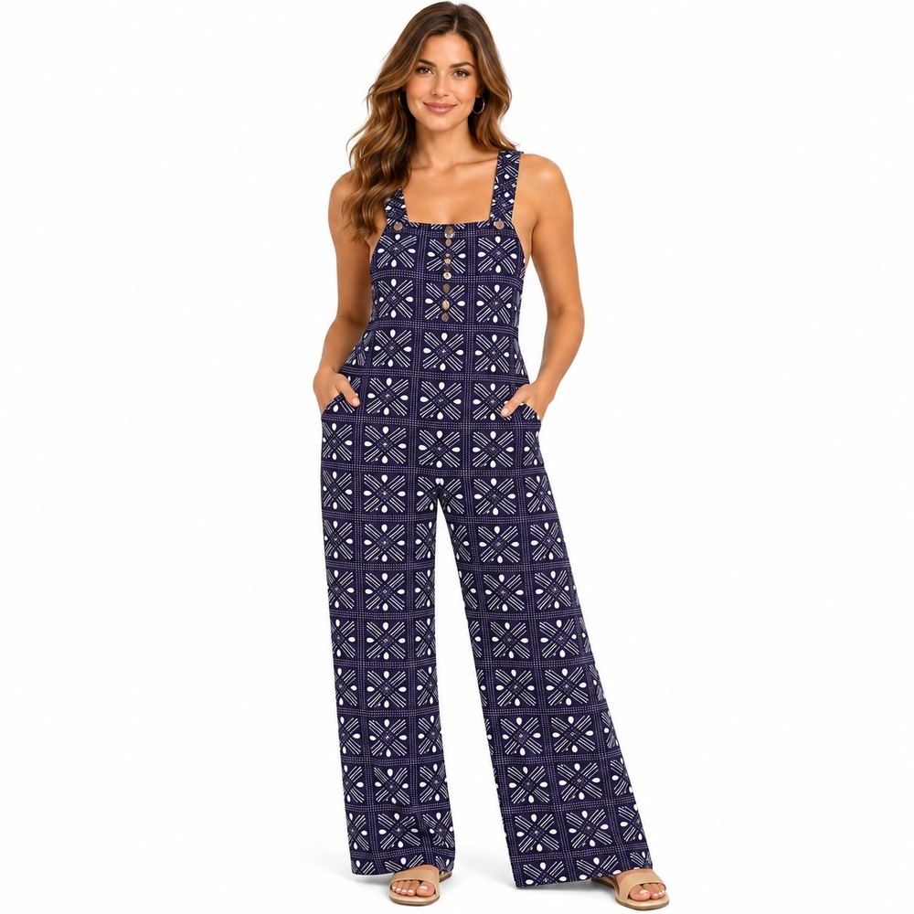 NEW Ade + Ayo Purple Geometric Print Cotton Wide Leg Overalls Jumpsuit Women's L